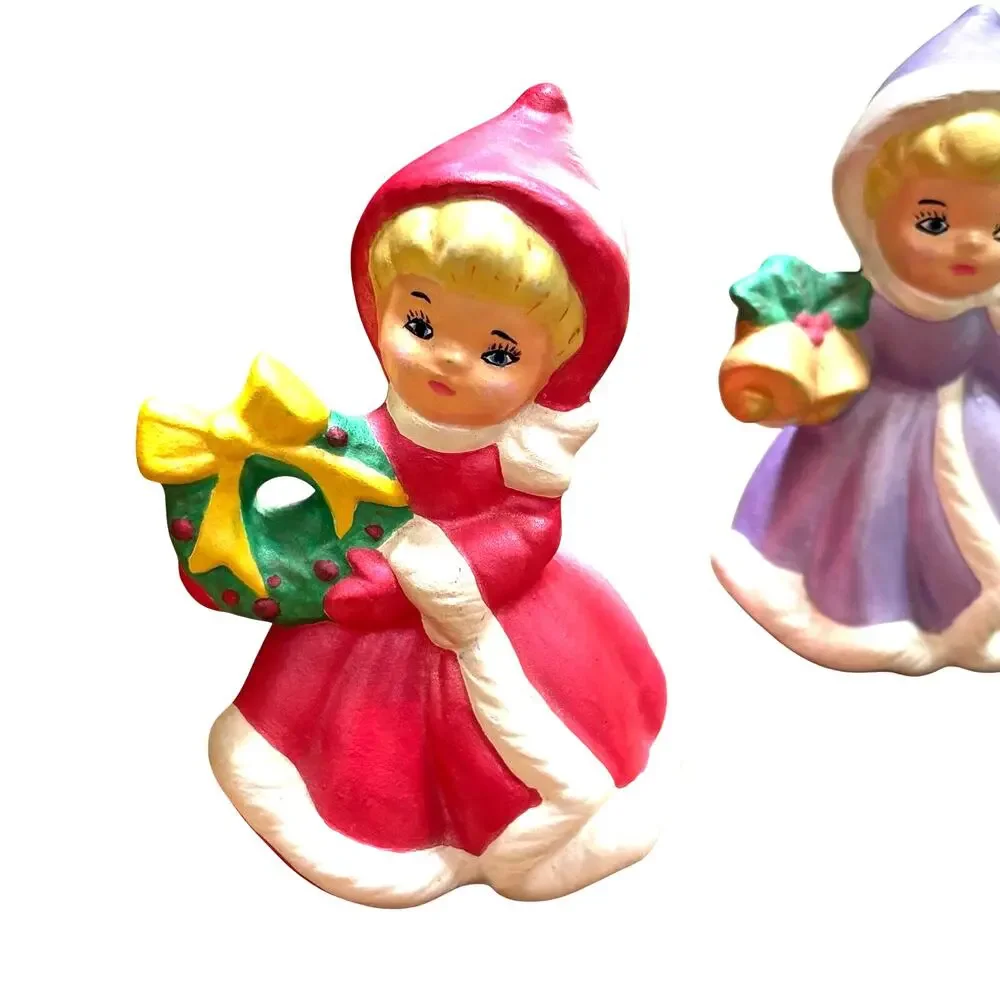 Vintage Christmas Girls Trio of ceramic holiday figures signed red green purple